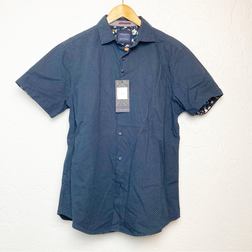 Denim & Flower Size M Button Down Shirt Slim Fit Navy polka dot